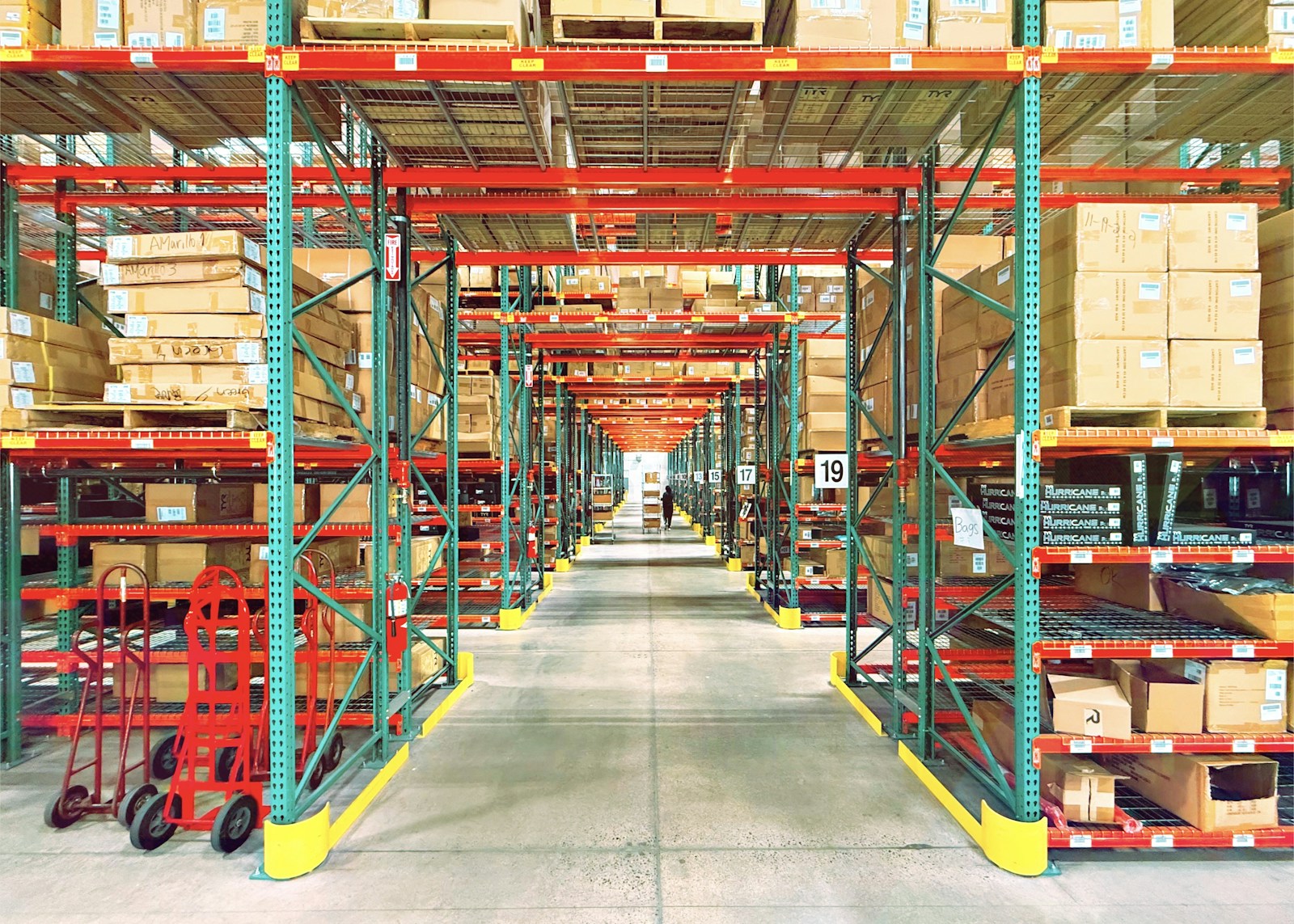 Storage shelves and boxes in a logistics warehouse